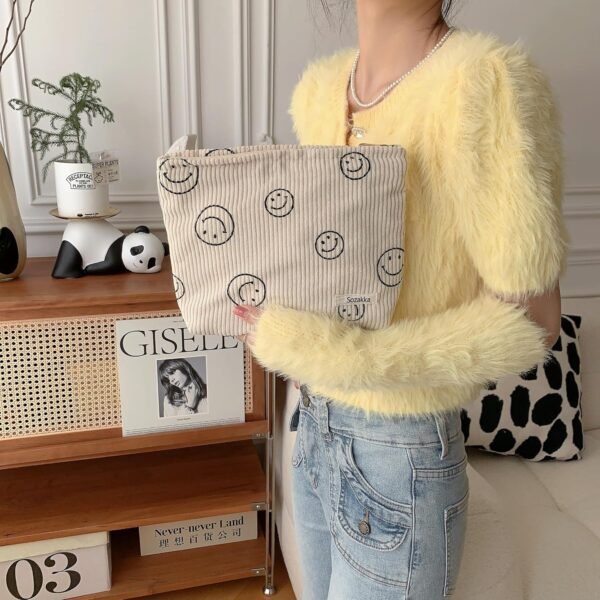 Cosmetic Bags for Women - Corduroy Cosmetic Bag Aesthetic Women Handbags Purses Smile Dots Makeup Organizer Storage Makeup Bag Girls Case Bags (Beige)