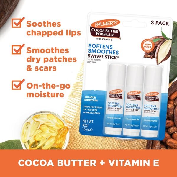 91YdSCMOcZL._SL1500_.jpg Palmer's Cocoa Butter Formula Moisturizing Swivel Stick with Vitamin E, Lip Balm for Beach Bag, Face & Body Moisturizer Stick, Ideal for Treating Dry Skin Patches (Pack of 3)