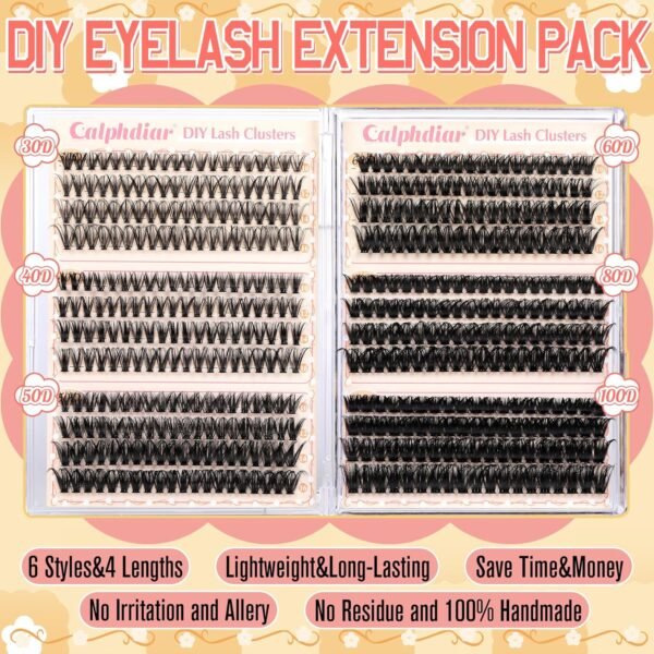 Calphidar Eyelash Clusters 30D+40D+50D+60D+80D+100D Lash Clusters Wispy Individual Lashes 476PCS D-curly Lash Extension 10-16MM Natural Lashes Clusters DIY Cluster Eyelash Extensions for Beginners