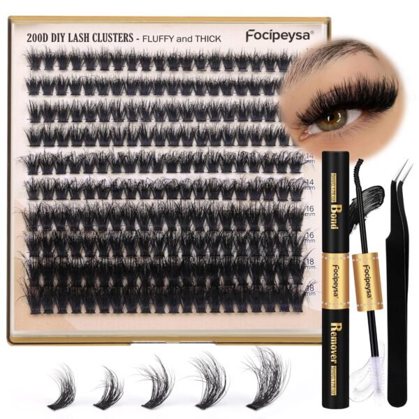 91bdeHMJODL._SL1500_.jpg Focipeysa Lash Extension Kit Thick Eyelash Extension Kit 10-18mm Volume Lash Clusters 200D Individual Eyelashes Kit with Lash Bond, Lash Remover, Lash Applicator, DIY Lashes Extension