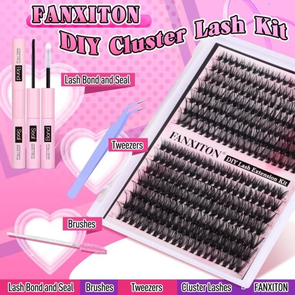 91cHYVCRDiL._SL1500_.jpg FANXITON DIY Lash Extension Kit Volume Lash Clusters 40D+50D D Curvature Individual Lashes Lash Clusters Kit Thick Eyelash Extension Kit 280 pcs Thin Band Cluster Lashes Lash Bond and Seal Tweezers