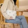 GUTGNK Makeup Bag For Women - Corduroy Cosmetic Bags Aesthetic Design Ladies Tote Bag,Women's Pencil Case,Cute Smiley Face Makeup Organizer with Zipper (Beige)