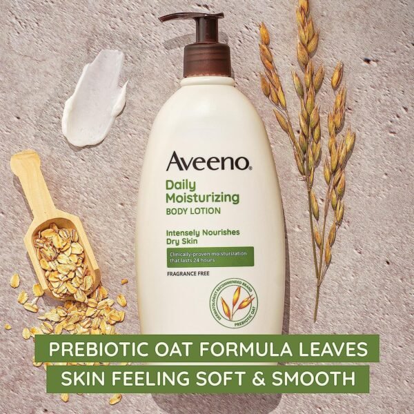 91jYnYE6IZL._SL1500_.jpg Aveeno Daily Moisturizing Body Lotion, Body Lotion for Dry Skin with Prebiotic Oat, Paraben Free, Fragrance Free, Non-Greasy, Non-Comedogenic Moisturizer, 18 FL OZ