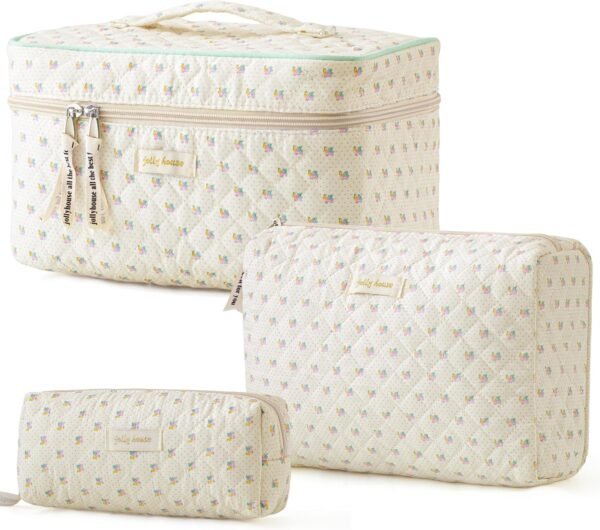 91pOWVHtTQL._AC_SL1500_.jpg HBselect Quilted Makeup Bag, 3PCS Cotton Large Travel Makeup Bag, Cute Floral Coquette Make up Bag Cosmetic Bag Toiletry Bag for Women Girls