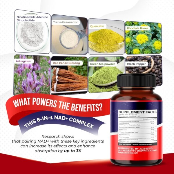 NAD+ Supplement with Nicotinamide Riboside NR, Resveratrol, Quercetin - Cellular Energy & Repair, Vitality, Healthy Aging (90 Count (Pack of 1))
