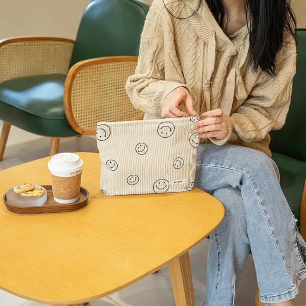 GUTGNK Makeup Bag For Women - Corduroy Cosmetic Bags Aesthetic Design Ladies Tote Bag,Women's Pencil Case,Cute Smiley Face Makeup Organizer with Zipper (Beige)