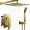 FORIOUS Rain Shower Head System, 12 Inch Shower Faucet Set with with Handheld Spray Combo, Solid Brass Pressure Balanced Valve Fixtures, Wall Mounted, Brushed Gold