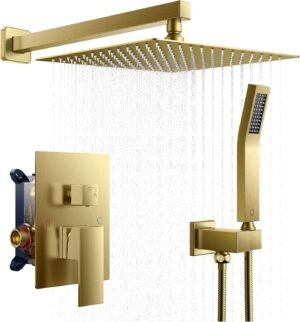 FORIOUS Rain Shower Head System, 12 Inch Shower Faucet Set with with Handheld Spray Combo, Solid Brass Pressure Balanced Valve Fixtures, Wall Mounted, Brushed Gold