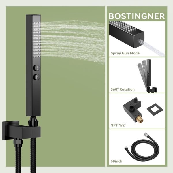 Shower Faucets Sets Shower System with Body Jets, Bostingner 10" Rain Shower Head with 2 In 1 Handheld Spray and 4 Jets, Ceiling Mount All Metal 3 Way Shower Set with Valve and Trim Kit, Matte Black