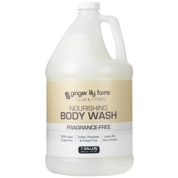 Ginger Lily Farms Club & Fitness Nourishing Body Wash, 100% Vegan & Cruelty-Free, Bath & Shower Gel for Men and Women, Fragrance Free, 1 Gallon (128 fl. oz.) Refill
