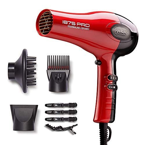 KISS 1875 Watt Pro Tourmaline Ceramic Hair Dryer, Styling Edition, 3 Heat Settings, 2 Speed Settings, Cool Shot Button, 7 Blow Dryer Accessories Included, 2-Year Warranty - Red
