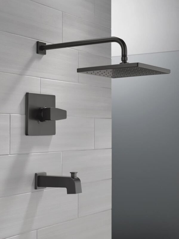 Delta Faucet Modern 14 Series Matte Black Shower Faucet, Tub and Shower Trim Kit with Single-Spray Touch-Clean Black Shower Head, Matte Black T14467-BL-PP (Valve Not Included)