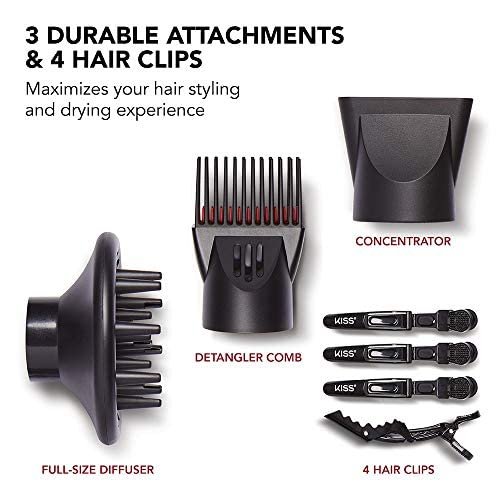 KISS 1875 Watt Pro Tourmaline Ceramic Hair Dryer, Styling Edition, 3 Heat Settings, 2 Speed Settings, Cool Shot Button, 7 Blow Dryer Accessories Included, 2-Year Warranty - Red