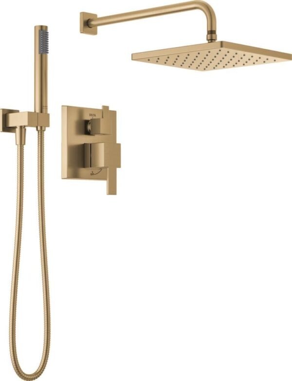 Delta Modern 14 Series Square Rain Shower System Faucet Set, Rainfall Brushed Gold Shower Head and Handle Set, Valve Trim Kit, 10 Inch, Champagne Bronze 342701-CZ