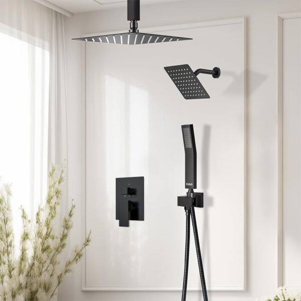 Shower Faucet Sets Shower Systems Matte Black, STARBATH 12+6" Dual Rain Shower Head with Handheld Spray for Two People, Ceiling Mount Rainfall 3 Way Shower Valve with 5 Diverter and Trim Kit Complete