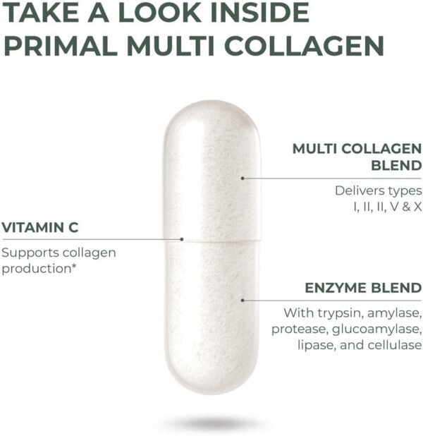 Primal Harvest Multi Collagen Pills for Women and Men (Type I, II, III, V, X) 120 Capsules w/Vitamin C for Hair, Skin, Nails