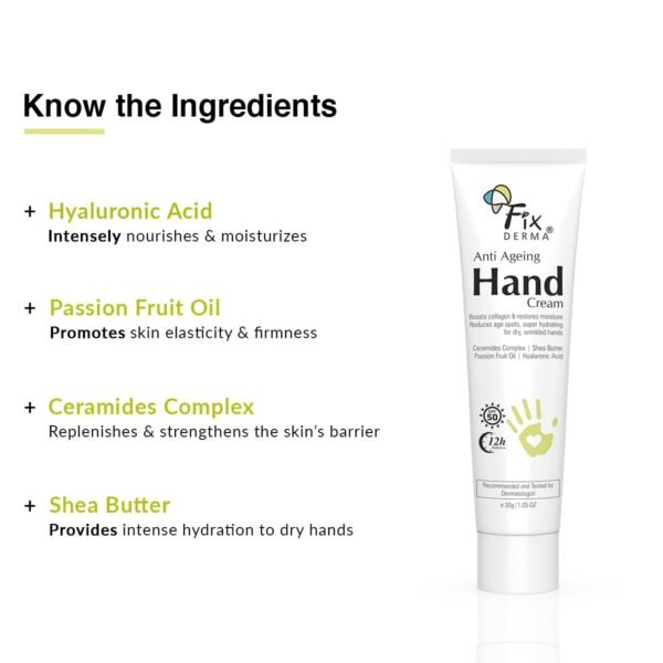 510jKblxg2L._SL1200_.jpg FIXDERMA Anti Ageing Hand Cream for Women & Men | Ceramide Moisturizer | Hyaluronic Acid Cream | Hand Cream for Dry and Rough Hands | Shea Butter | Cream for Itchy Hand | All Skins Types - 30g