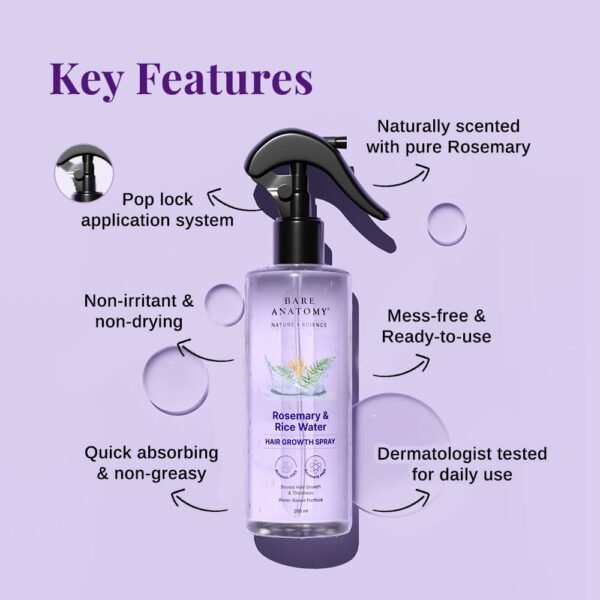 Bare Anatomy Nature x Science Rosemary Water Spray for Hair Growth & Hair Thickness with Rice Water |100% Natural Extract | Soft & Smooth Hair| Controls Hairfall| Non-Greasy & Fast Absorbing | 200ml