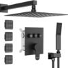 Shower Faucets Sets Matte Black Shower System with Body Jets,Bostingner 12" Rain Shower Head with Handheld Spray,Can Use at Same Time,3 Way Push Button Diverter Shower Set with Valve Kit Complete