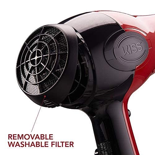 KISS 1875 Watt Pro Tourmaline Ceramic Hair Dryer, Styling Edition, 3 Heat Settings, 2 Speed Settings, Cool Shot Button, 7 Blow Dryer Accessories Included, 2-Year Warranty - Red