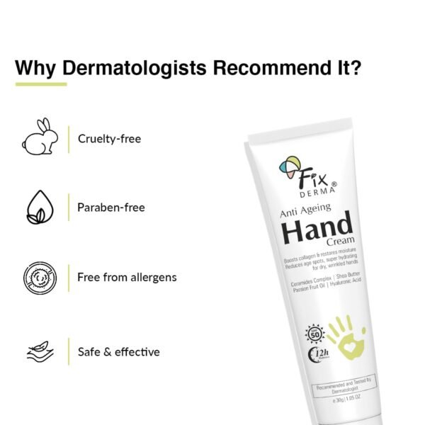51GiHOC1i3L._SL1200_.jpg FIXDERMA Anti Ageing Hand Cream for Women & Men | Ceramide Moisturizer | Hyaluronic Acid Cream | Hand Cream for Dry and Rough Hands | Shea Butter | Cream for Itchy Hand | All Skins Types - 30g