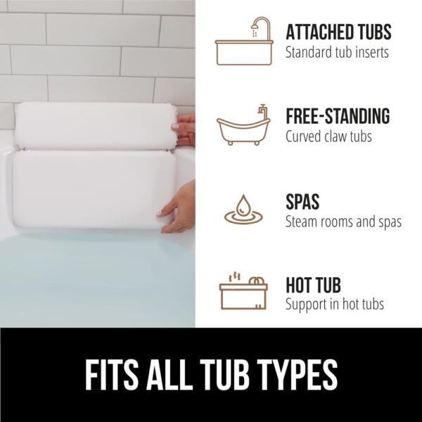 GORILLA GRIP Bath Pillow for Tub, Improved Suction Cups, Luxury Bathtub Pillows, Headrest for Neck and Back Support, Relaxing Home Spa, Hot Tubs and Bathroom Essentials, Gifts for Women, 2 Panel White