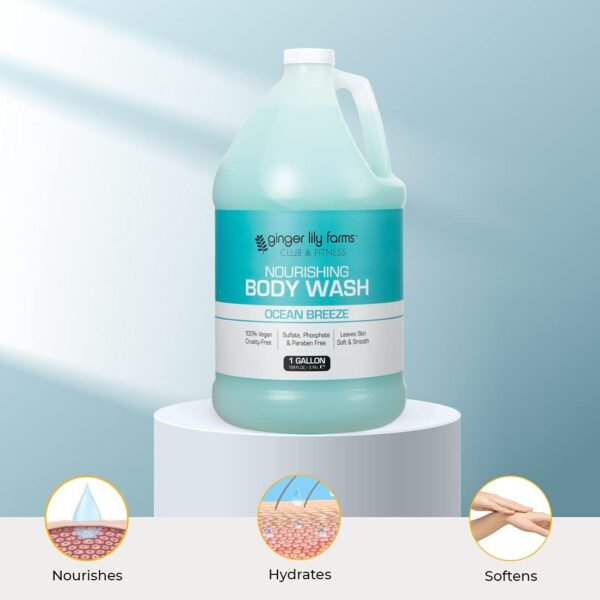 Ginger Lily Farms Club & Fitness Nourishing Body Wash, 100% Vegan & Cruelty-Free, Bath & Shower Gel for Men and Women, Ocean Breeze Scent, 1 Gallon (128 fl. oz.) Refill