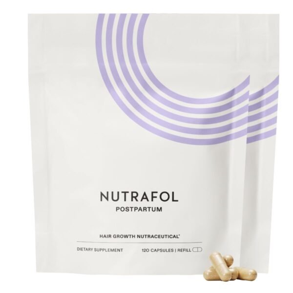 Nutrafol Postpartum Hair Growth Supplements, Clinically Tested for Visibly Thicker Hair and Less Shedding, Breastfeeding-Friendly - 2 Month Supply, 2 Refill Pouches