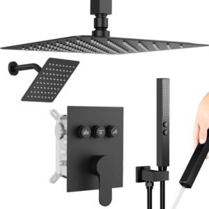 Shower Faucet Set Matte Black Shower System,Ceiling Rainfall Shower and Wall Mount Rain Shower with 2 in 1 Handheld, Simultaneous Use of All Functions, Shower Fixtures with Pressure Balance Valve