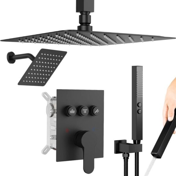 Shower Faucet Set Matte Black Shower System,Ceiling Rainfall Shower and Wall Mount Rain Shower with 2 in 1 Handheld, Simultaneous Use of All Functions, Shower Fixtures with Pressure Balance Valve