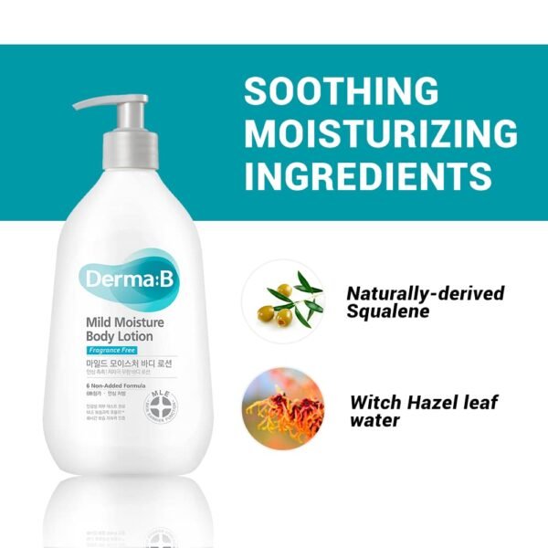 DERMA B Mild Moisture Body Lotion, Fragrance-Free Non-Irritating Body Moisturizer for Dry & Sensitive Skin with Witch Hazel, Unscented Fast-Absorbing Moisturizing Korean Skincare,13.5 Fl Oz,400ml