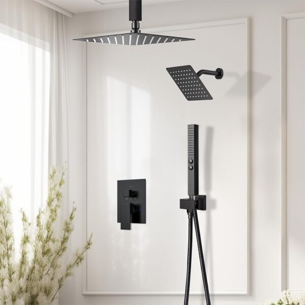 Shower Faucet Sets Shower Systems Matte Black, STARBATH 12+6" Double Rain Shower Head with with 2 in 1 Handheld High Pressure Spray,Ceiling Mount Rainfall 3 Way Shower Valve with 5 Diverter Complete