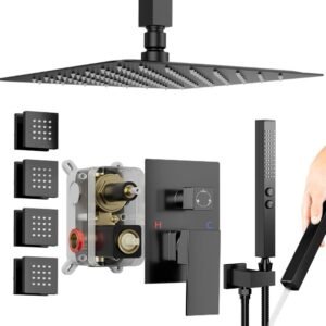 Shower Faucets Sets Shower System with Body Jets, Bostingner 10" Rain Shower Head with 2 In 1 Handheld Spray and 4 Jets, Ceiling Mount All Metal 3 Way Shower Set with Valve and Trim Kit, Matte Black
