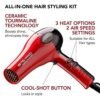 KISS 1875 Watt Pro Tourmaline Ceramic Hair Dryer, Styling Edition, 3 Heat Settings, 2 Speed Settings, Cool Shot Button, 7 Blow Dryer Accessories Included, 2-Year Warranty - Red