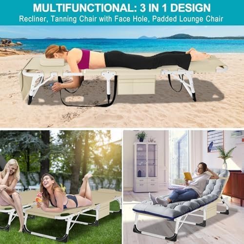 ABORON 3-in-1 Sun Tanning Chair – Oversized Folding Chaise Lounge with Mat, Pillow & Face Hole, 5-Position Adjustable for Beach, Pool, Lawn, or Patio Use