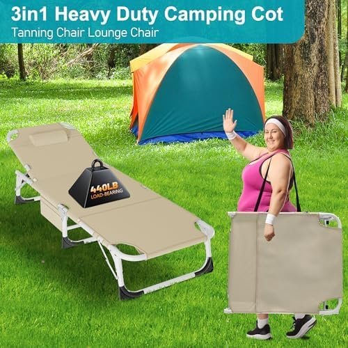 ABORON 3-in-1 Sun Tanning Chair – Oversized Folding Chaise Lounge with Mat, Pillow & Face Hole, 5-Position Adjustable for Beach, Pool, Lawn, or Patio Use