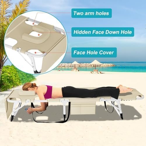 ABORON 3-in-1 Sun Tanning Chair – Oversized Folding Chaise Lounge with Mat, Pillow & Face Hole, 5-Position Adjustable for Beach, Pool, Lawn, or Patio Use