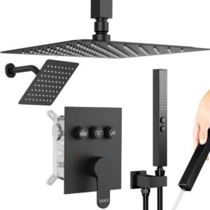 Shower Faucet Set Matte Black Shower System, 12" Ceiling Rainfall Shower and 8" Wall Mount Rain Shower with 2 in 1 Handheld, Can Use All at Once, Pressure Balance Rough-in Valve and Trim Kit