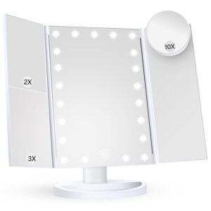 HUONUL Makeup Mirror Vanity Mirror with Lights, 2X, 3X, 10X Magnification, Touch Control, Trifold, White, 9.4"L x 13.4"W, Modern Style, Dresser Mount, Bathroom