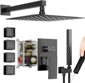 Shower Faucets Sets Shower System with Body Jets, Bostingner 10" Rain Shower Head with 2 In 1 Handheld Spray and 4 Jets, Wall Mounted All Metal 3 Way Shower Set with Valve and Trim Kit, Matte Black
