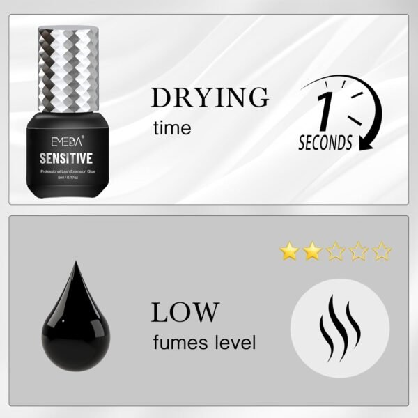 EMEDA Sensitive Eyelash Extension Glue 0.17fl.oz/5ml/1 Sec Drying Time/Retention – 5-7 Weeks/Black Adhesive/Professional Hypoallergenic Formaldehyde-Free Lash Extension Glue Supplies