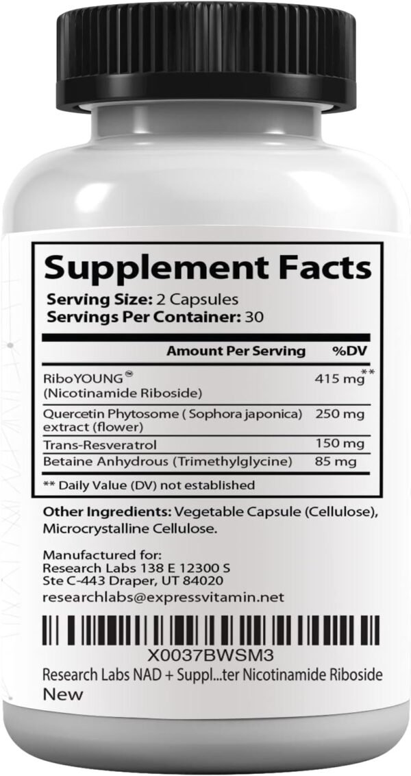 61fTV4vE6L._AC_SL1500_.jpg Research Labs NAD+ Supplement 2 for 1 Ad. Proprietary Formula w/Patent Pending RiboYOUNG™. NRF2 Activator, Nicotinamide Riboside, Quercetin, Resveratrol, Betaine. True NAD Supplement Anti Aging…