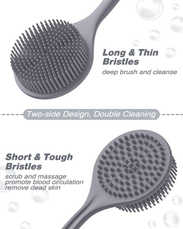 Manmihealth Silicone Back Scrubber & Soft Bath Glove Set 4 PCS(Thin Bristles), Super-Exfoliating Body Scrubber & Super-Lathering Shower Brush Combination, with 2 Free Hooks (Gray)