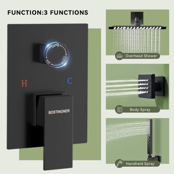 Shower Faucets Sets Shower System with Body Jets, Bostingner 10" Rain Shower Head with 2 In 1 Handheld Spray and 4 Jets, Wall Mounted All Metal 3 Way Shower Set with Valve and Trim Kit, Matte Black