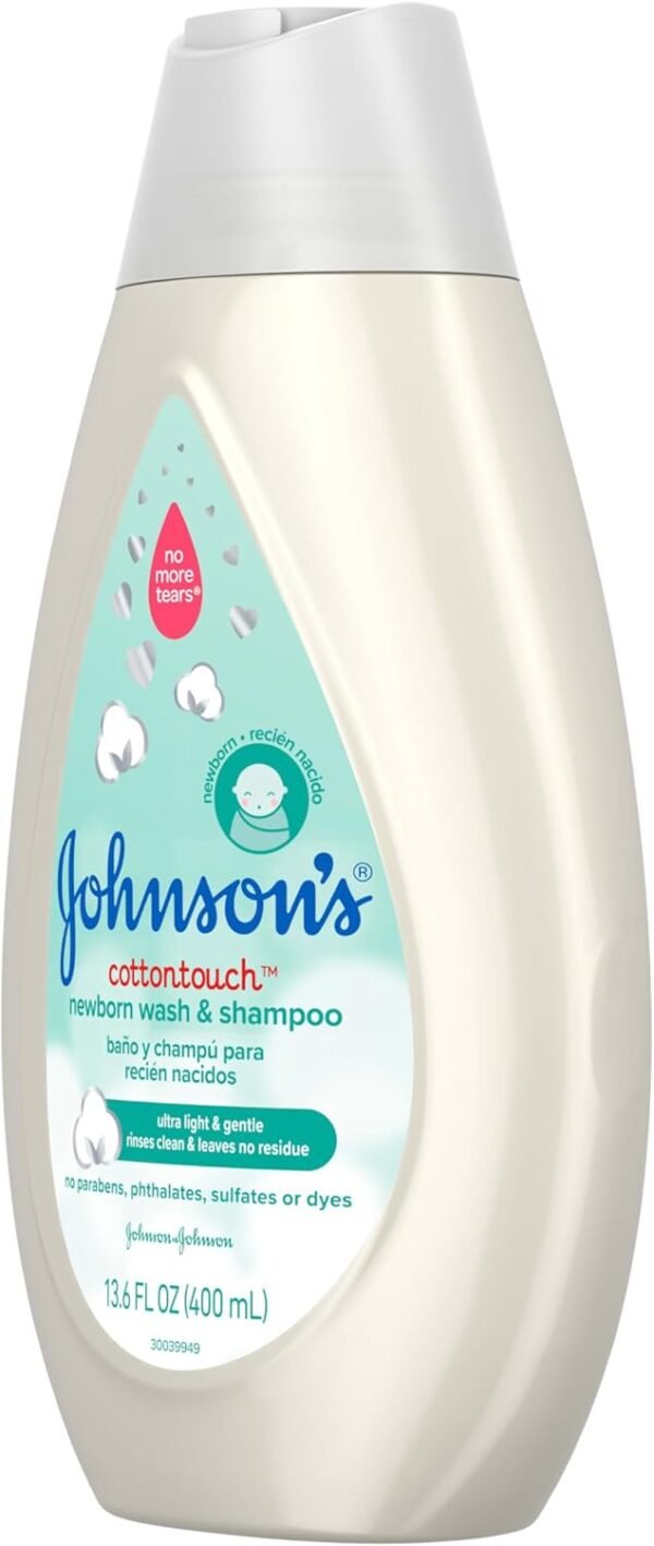 Johnson's CottonTouch Newborn Baby Body Wash & Shampoo, Gentle & Tear-Free, Made with Real Cotton, Gently Washes Away Dirt & Germs, Sulfate- & Paraben-Free for Sensitive Skin, 13.6 fl. oz