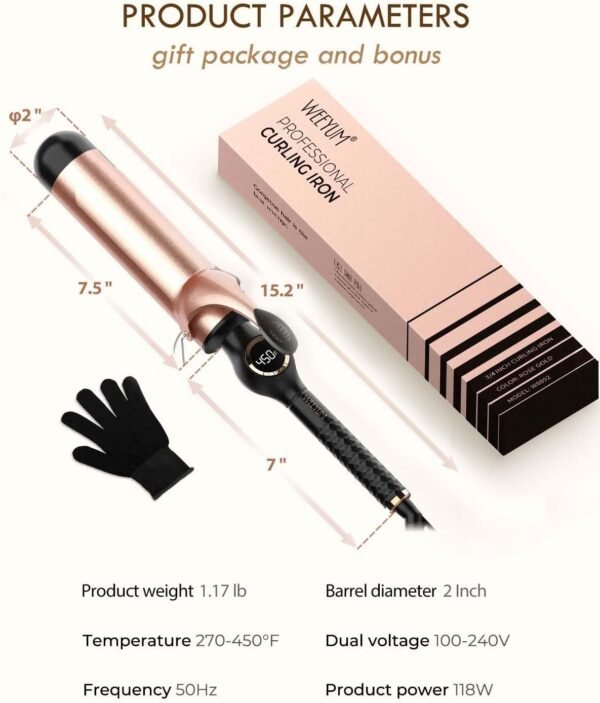 Large Curling Iron 2 Inch, Ceramic Long Barrel Hair Curling Wand, Hair Styling Tool, Dual Voltage, LCD Display, Black