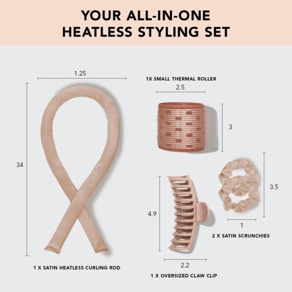 Kitsch Satin Heatless Hair Curler Styling 5pc Gift Set - Satin Heatless Hair Curler w/ 2 Scrunchies, Ceramic Thermal Roller & Claw Clip, Gifts for Women, Hair Roller Styling & Accessories- Champagne