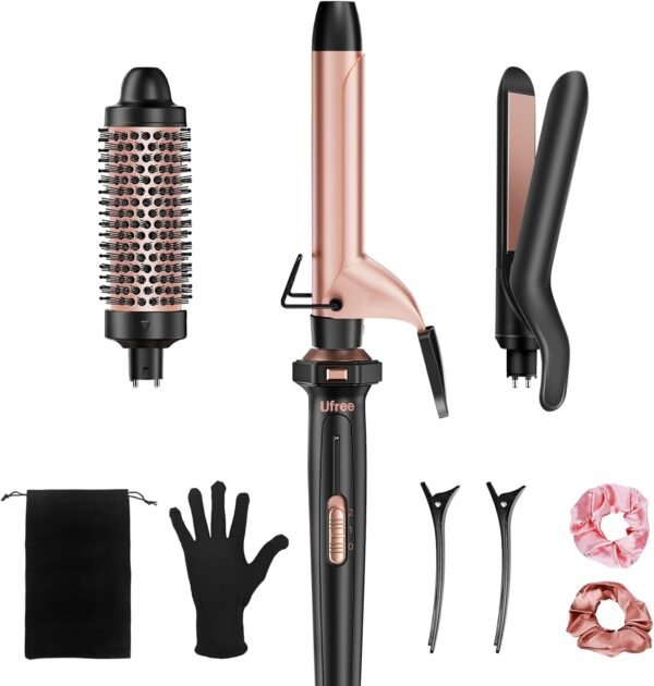 61-x1Km9PsL._AC_SL1500_.jpg Ufree 3 in 1 Curling Iron, Curling Wand Set with Thermal Brush Flat Iron Hair Straightener, Dual Voltage Wand Curler, Instant Heat Up Hair Curler, Include Protective Glove 2 Clips, Gifts for Women
