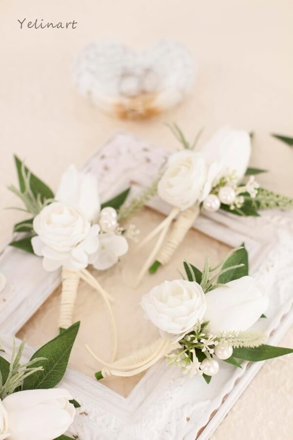 Set of 6 White Boutonniere for Men Wedding Groom Groomsmen Artificial Tulip Rose Flowers Boutonniere for Prom Homecoming Ceremony Anniversary Formal Dinner Party