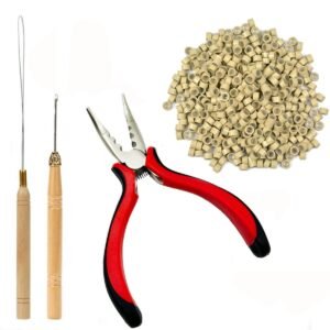Hair Extensions Tools Kit Professional Hair Styling Tools Accessory 500 Pcs Micro Ring Beads 1 Plier 2 Hook Needle Pulling Loop 2 Plastic Alligator Hair Clips, for Fairy Hair Tinsel (Beige)